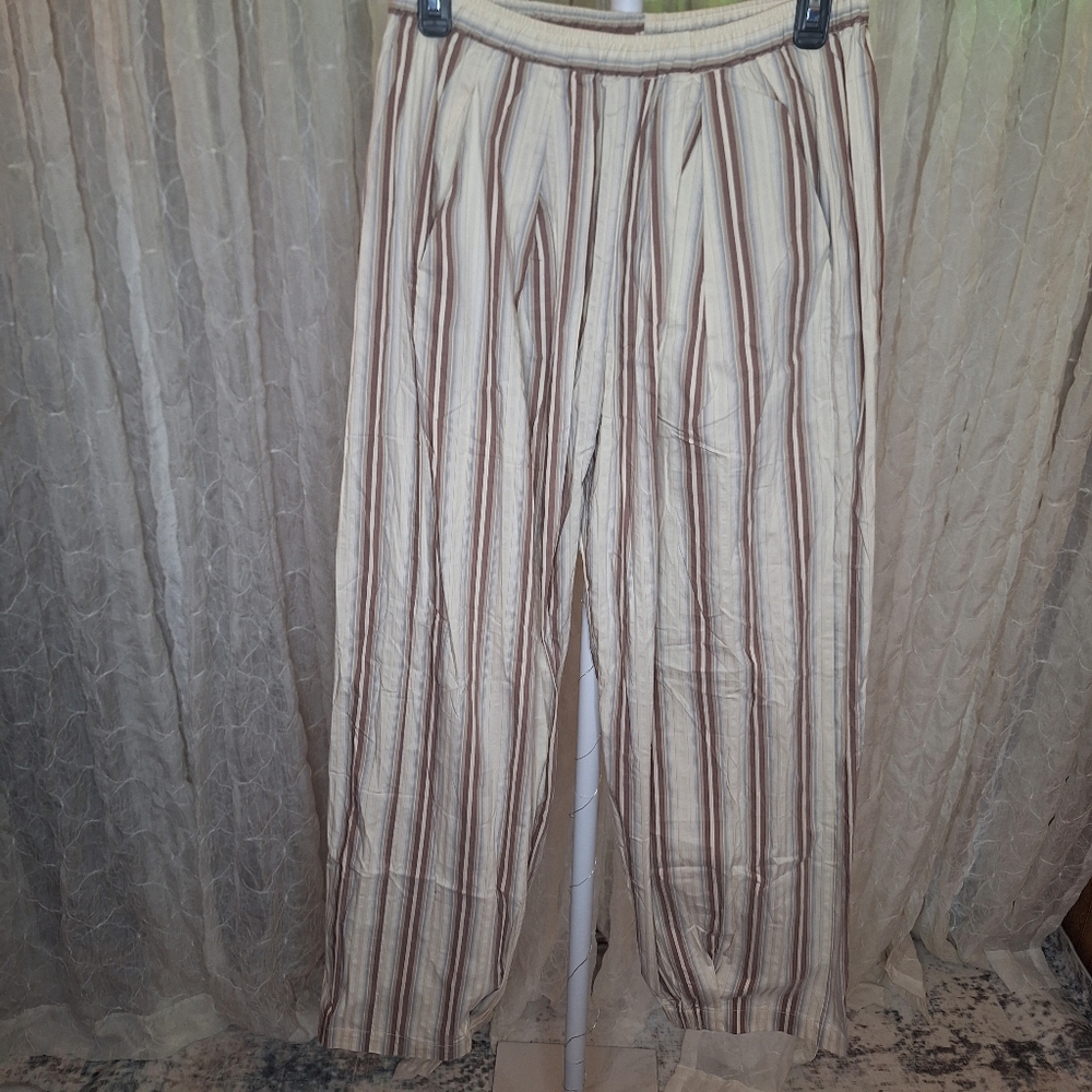 BUCKETLIST Pull On Striped Jogger Trouser Pants Cream Brown Blue Boutique M